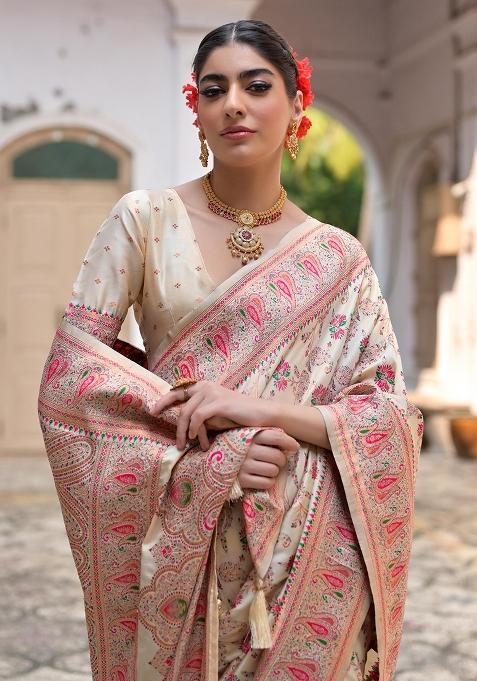 Cream Meenakari Zari Weaving Pashmina Silk Saree Set