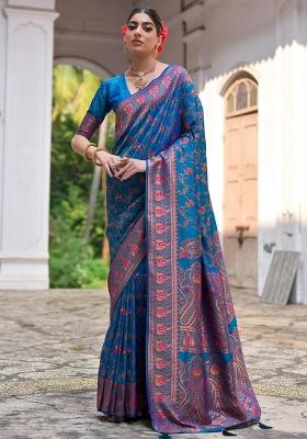 Firozi Meenakari Zari Weaving Pashmina Silk Blend Saree Set