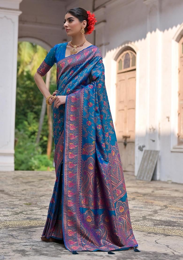 Firozi Meenakari Zari Weaving Pashmina Silk Saree Set