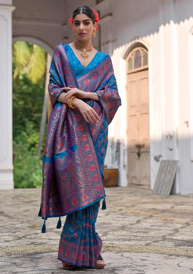 Firozi Meenakari Zari Weaving Pashmina Silk Saree Set