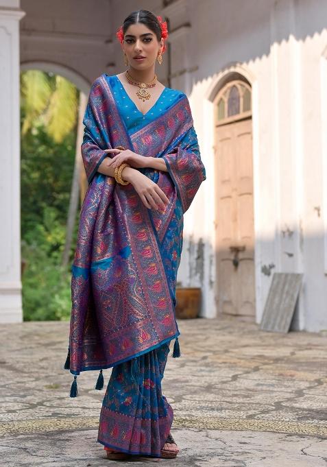 Firozi Meenakari Zari Weaving Pashmina Silk Saree Set