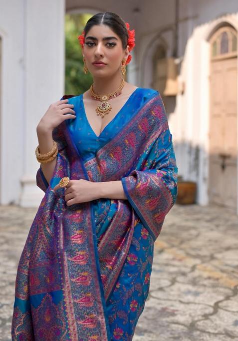 Firozi Meenakari Zari Weaving Pashmina Silk Saree Set