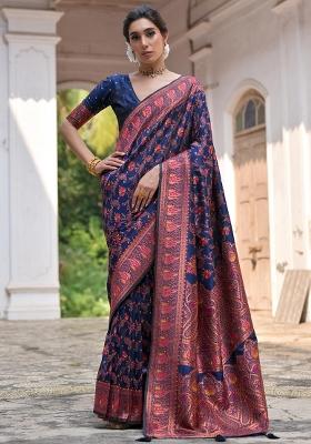 Navy Blue Meenakari Zari Weaving Pashmina Silk Blend Saree Set