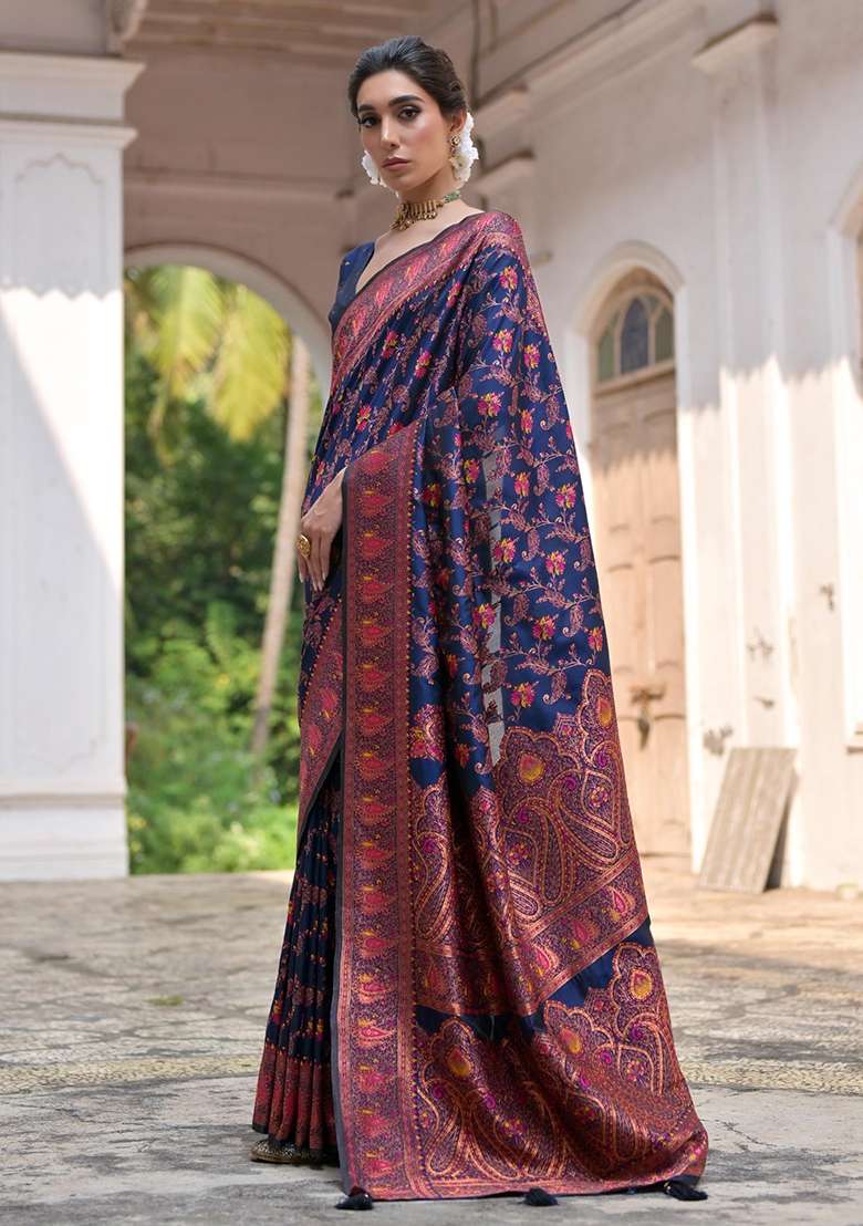 Navy Blue Meenakari Zari Weaving Pashmina Silk Blend Saree Set - Indya