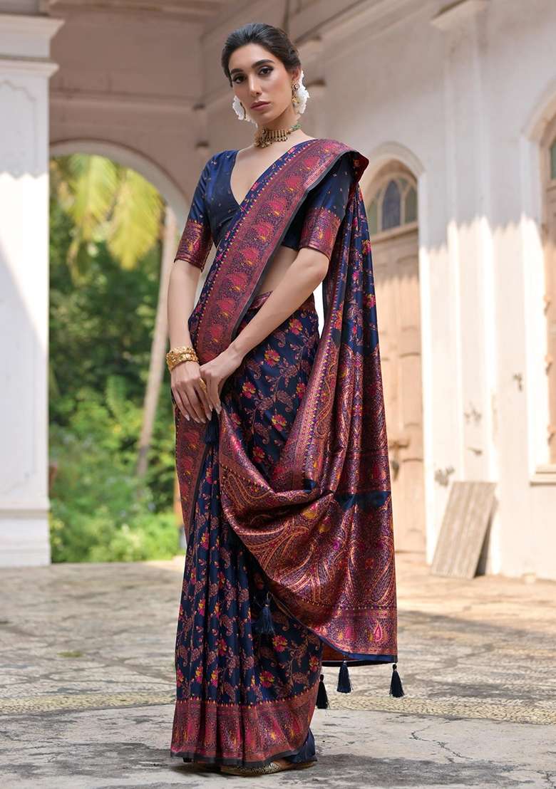 Navy Blue Meenakari Zari Weaving Pashmina Silk Blend Saree Set - Indya
