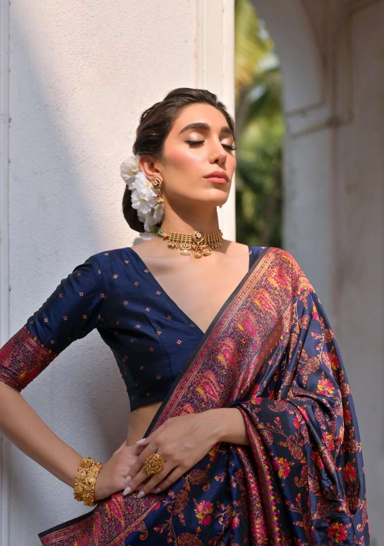Navy Blue Meenakari Zari Weaving Pashmina Silk Blend Saree Set - Indya