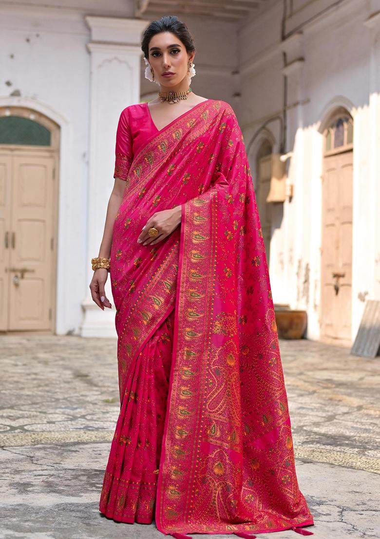 Pink Meenakari Zari Weaving Pashmina Silk Saree Set