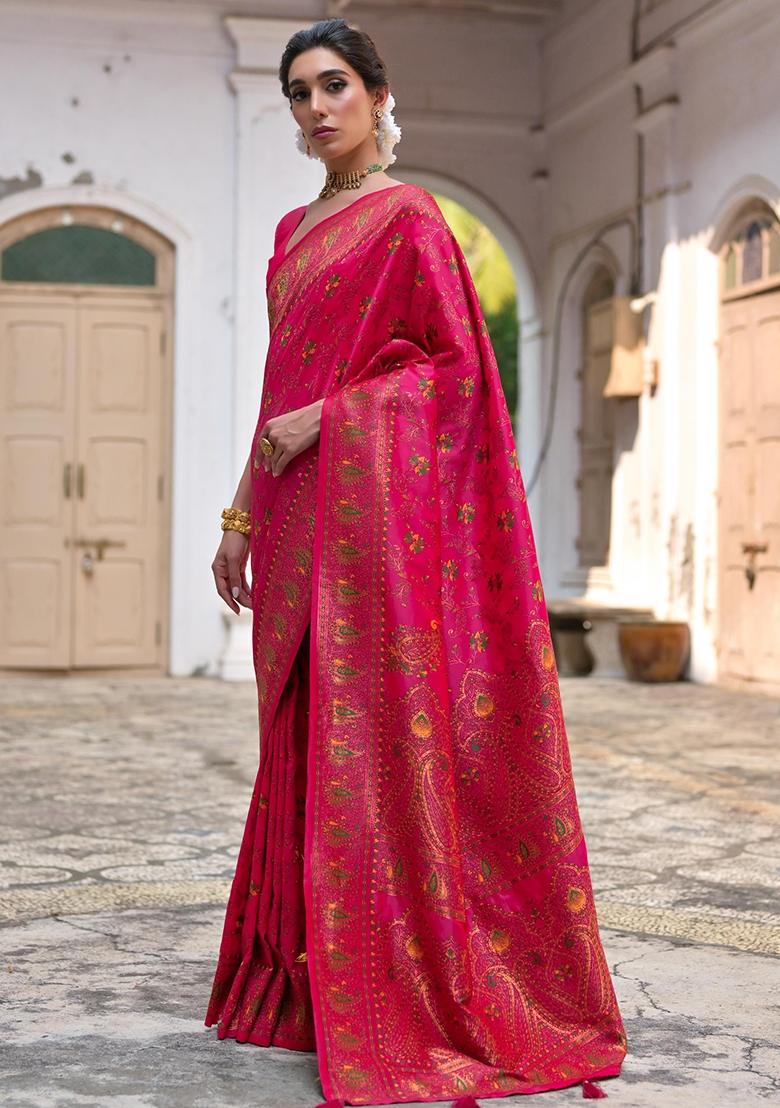 Pink Meenakari Zari Weaving Pashmina Silk Saree Set
