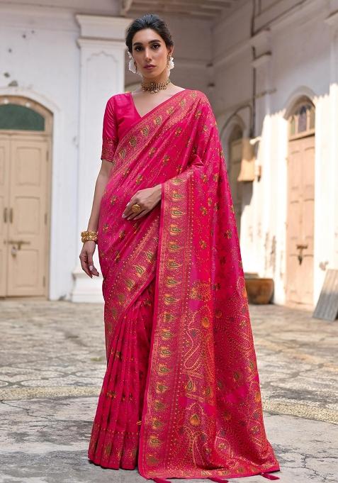 Pink Meenakari Zari Weaving Pashmina Silk Saree Set