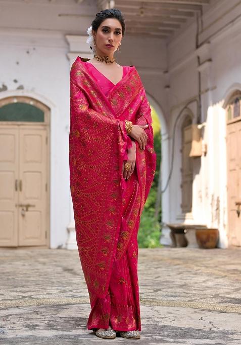 Pink Meenakari Zari Weaving Pashmina Silk Saree Set
