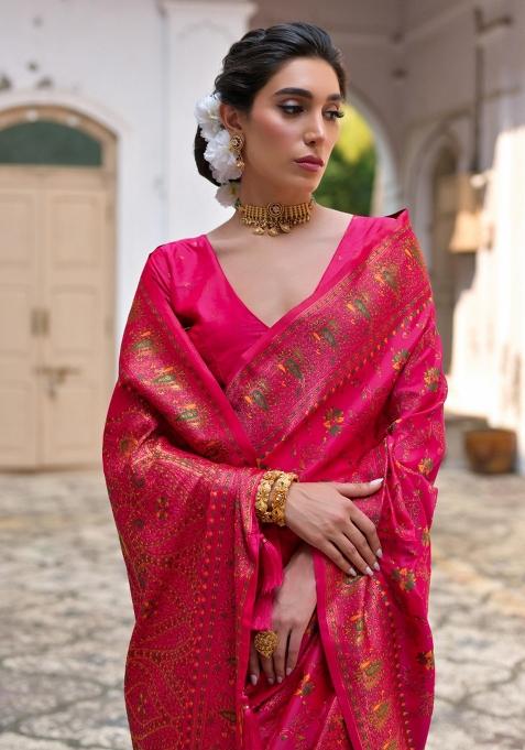 Pink Meenakari Zari Weaving Pashmina Silk Saree Set