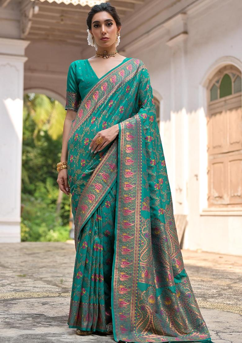 Rama Meenakari Zari Weaving Pashmina Silk Saree Set