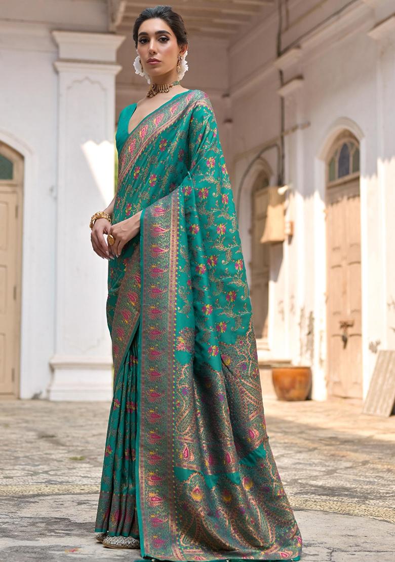 Rama Meenakari Zari Weaving Pashmina Silk Saree Set