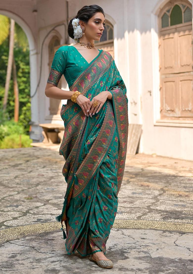 Rama Meenakari Zari Weaving Pashmina Silk Saree Set