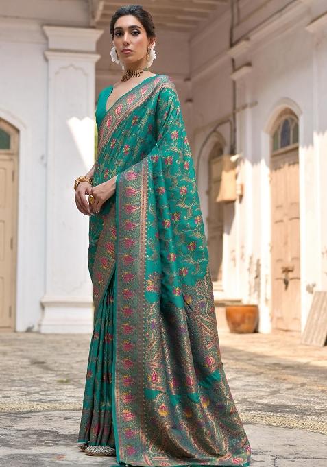 Rama Meenakari Zari Weaving Pashmina Silk Saree Set