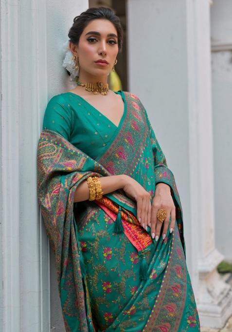 Rama Meenakari Zari Weaving Pashmina Silk Saree Set