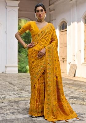 Yellow Meenakari Zari Weaving Pashmina Silk Blend Saree Set