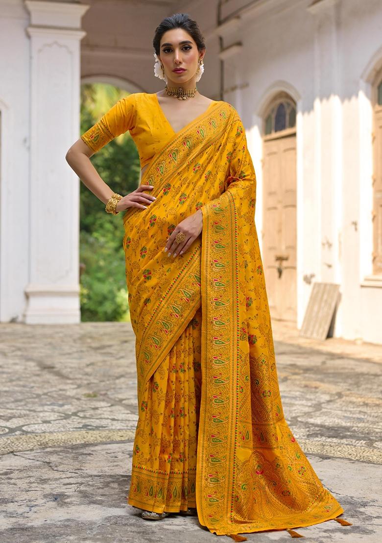 Yellow Meenakari Zari Weaving Pashmina Silk Saree Set