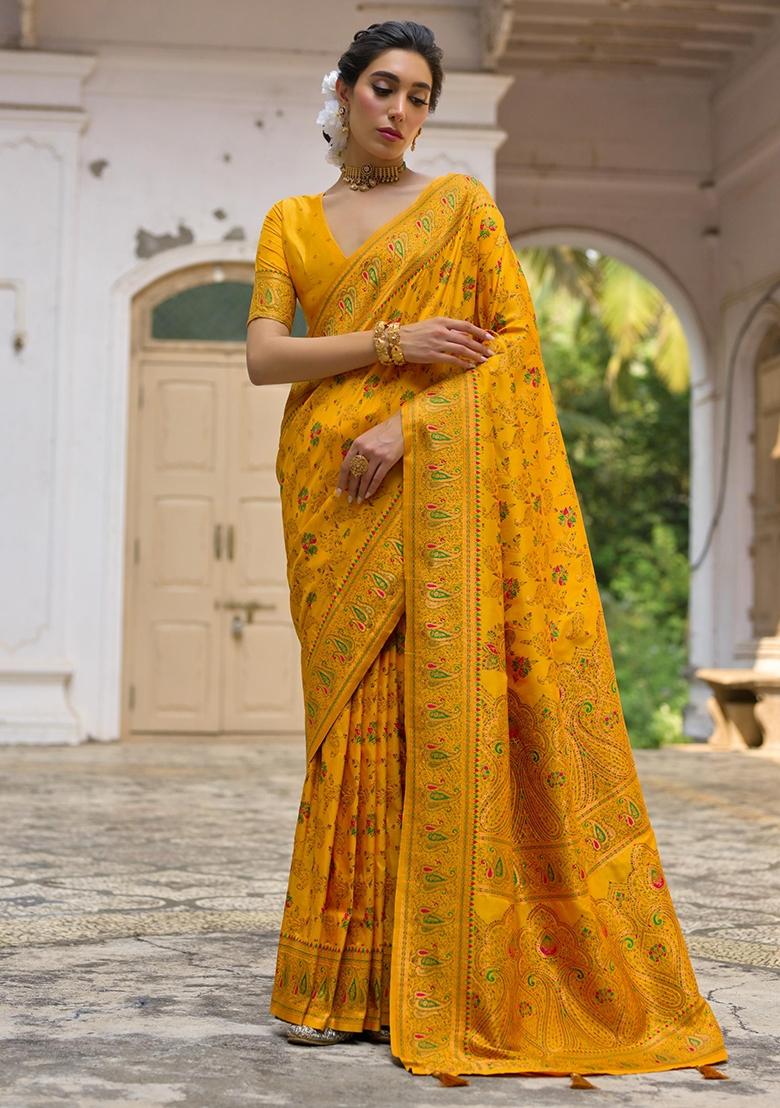 Yellow Meenakari Zari Weaving Pashmina Silk Saree Set