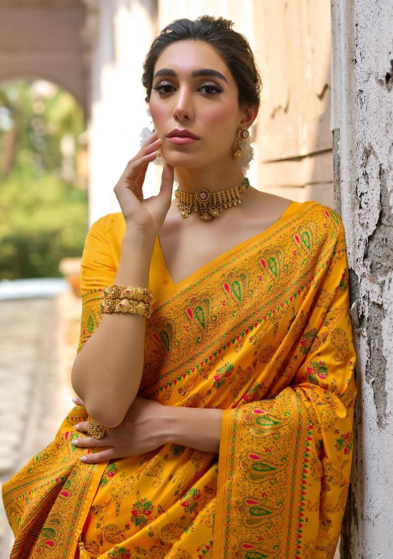 Yellow Meenakari Zari Weaving Pashmina Silk Saree Set