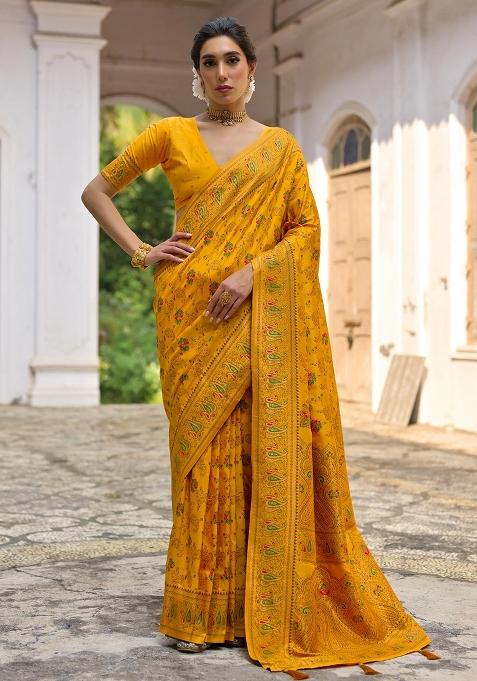 Yellow Meenakari Zari Weaving Pashmina Silk Saree Set