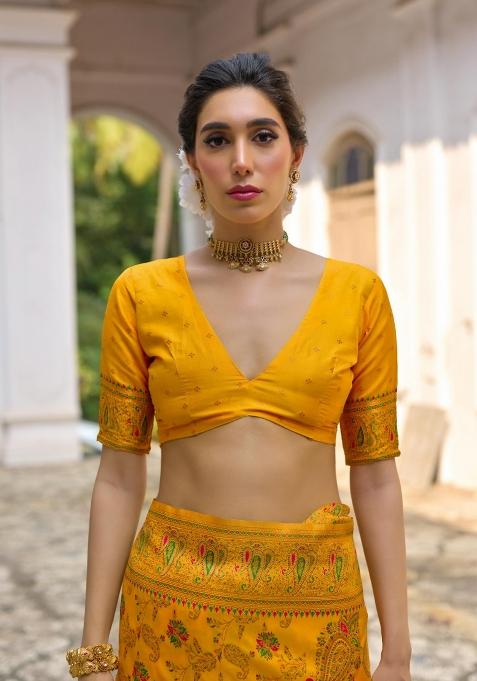 Yellow Meenakari Zari Weaving Pashmina Silk Saree Set