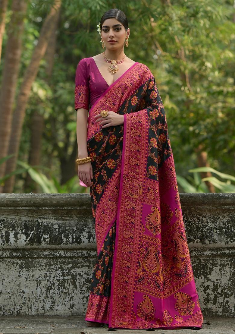 Black Meenakari Zari Weaving Pashmina Silk Saree Set