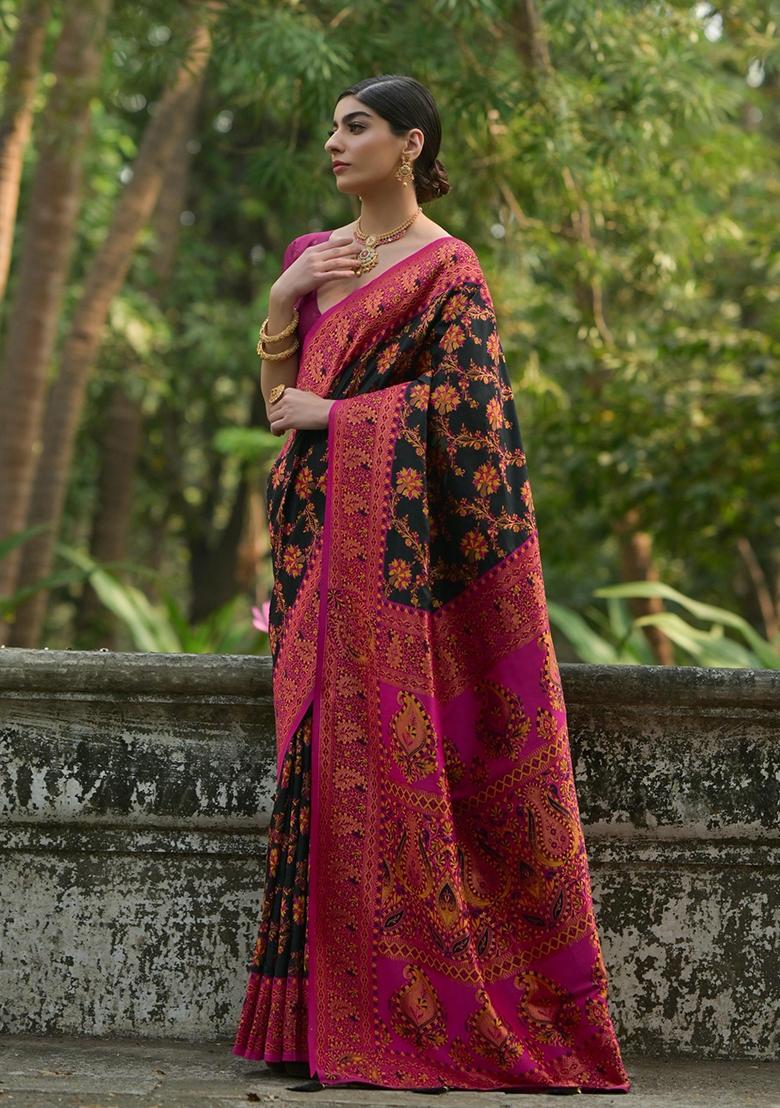 Black Meenakari Zari Weaving Pashmina Silk Saree Set