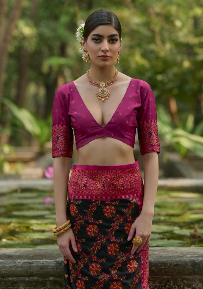 Black Meenakari Zari Weaving Pashmina Silk Saree Set