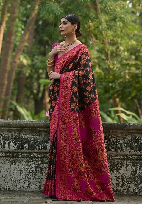 Black Meenakari Zari Weaving Pashmina Silk Saree Set