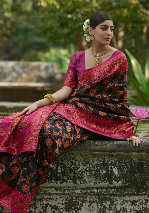Black Meenakari Zari Weaving Pashmina Silk Saree Set