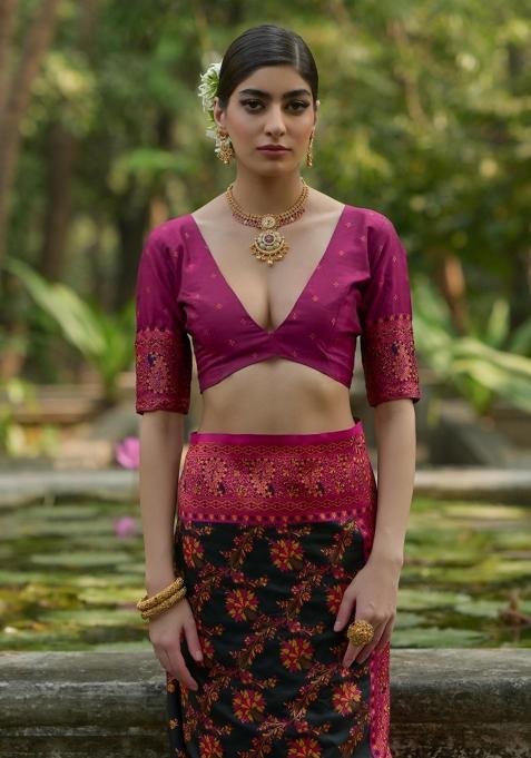 Black Meenakari Zari Weaving Pashmina Silk Saree Set