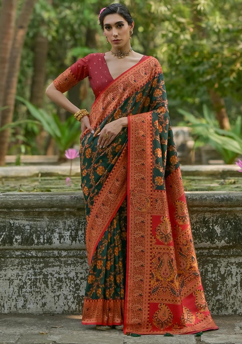 Green Meenakari Zari Weaving Pashmina Silk Saree Set