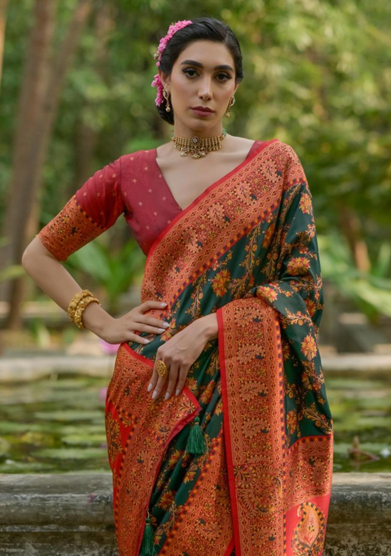 Green Meenakari Zari Weaving Pashmina Silk Saree Set