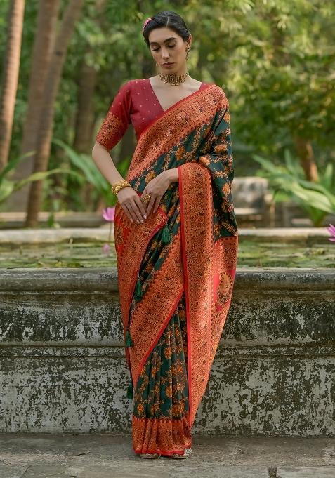 Green Meenakari Zari Weaving Pashmina Silk Saree Set
