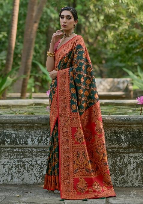 Green Meenakari Zari Weaving Pashmina Silk Saree Set