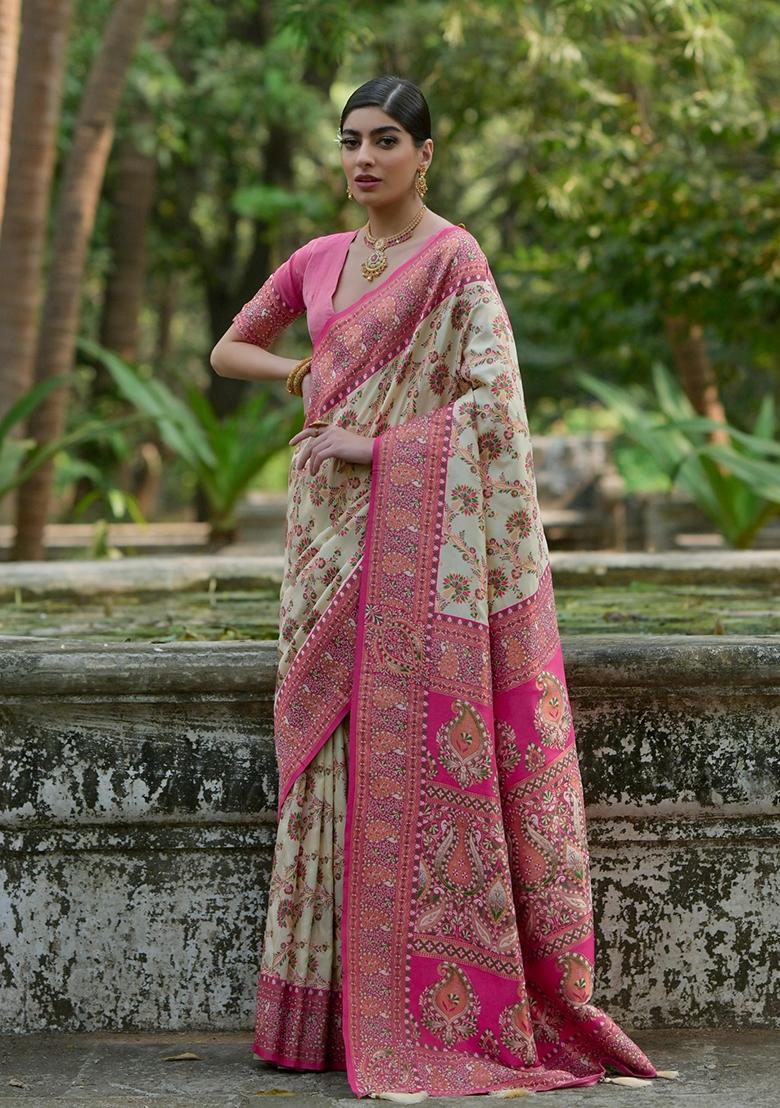 Cream Meenakari Zari Weaving Pashmina Silk Saree Set