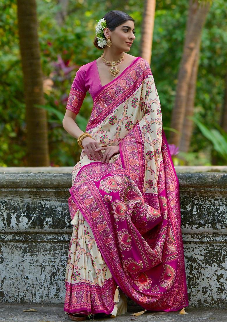 Cream Meenakari Zari Weaving Pashmina Silk Saree Set