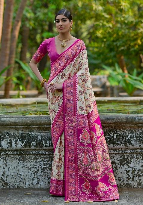 Cream Meenakari Zari Weaving Pashmina Silk Saree Set
