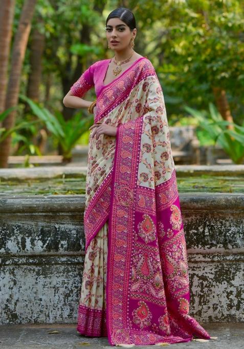 Cream Meenakari Zari Weaving Pashmina Silk Saree Set