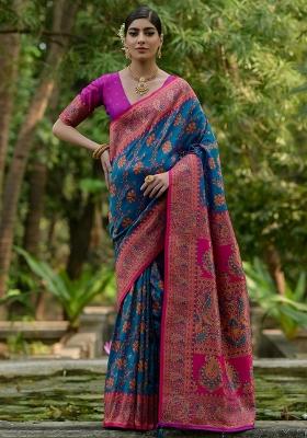 Firozi Meenakari Zari Weaving Pashmina Silk Blend Saree Set