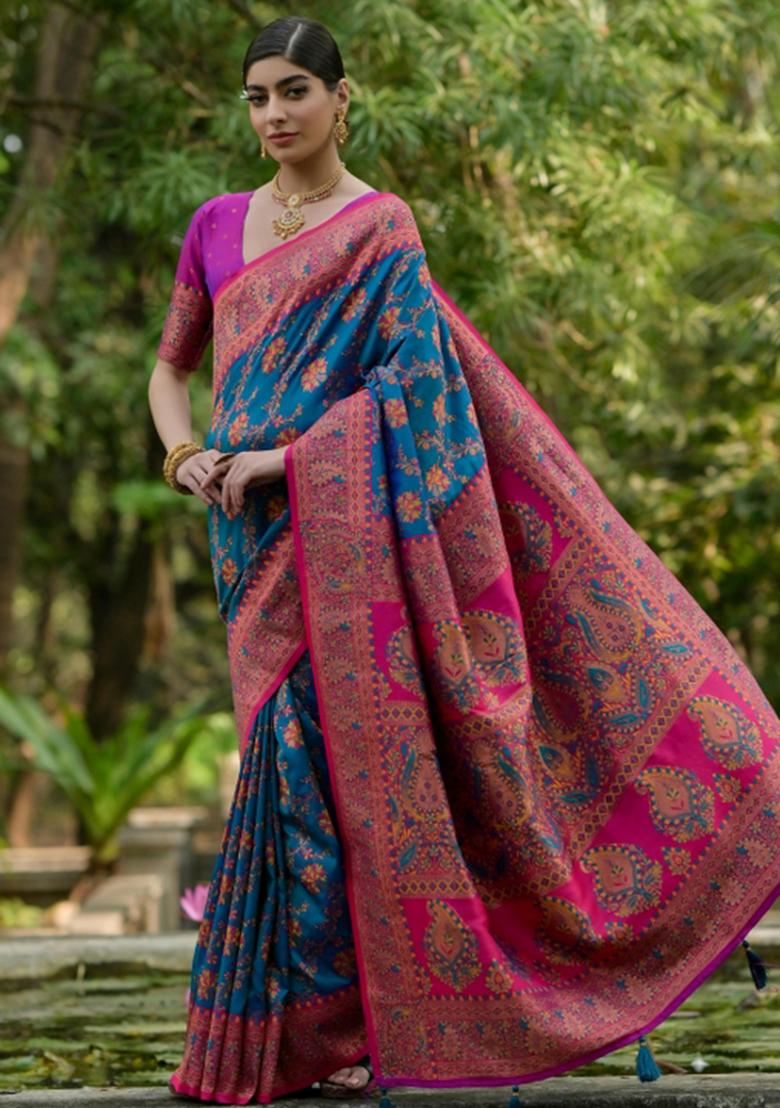 Firozi Meenakari Zari Weaving Pashmina Silk Saree Set