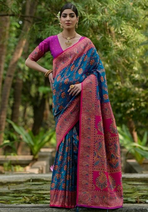 Firozi Meenakari Zari Weaving Pashmina Silk Saree Set