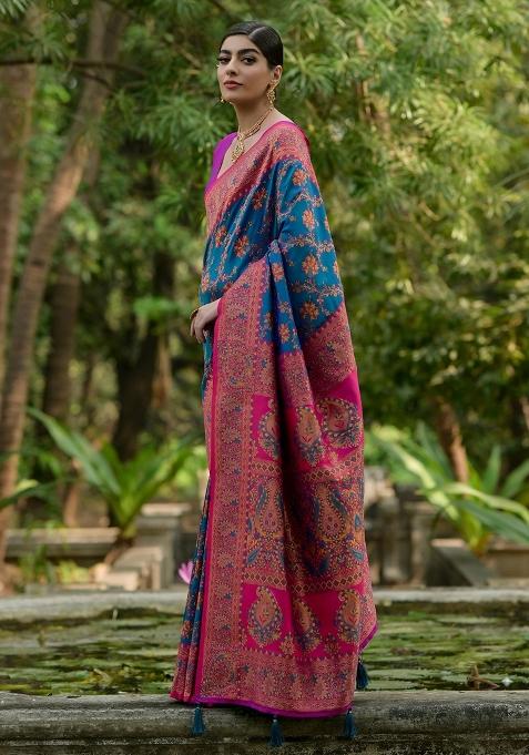 Firozi Meenakari Zari Weaving Pashmina Silk Saree Set