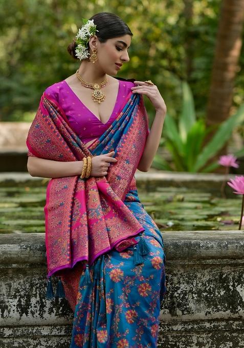 Firozi Meenakari Zari Weaving Pashmina Silk Saree Set