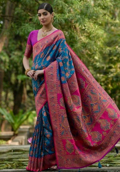 Firozi Meenakari Zari Weaving Pashmina Silk Saree Set
