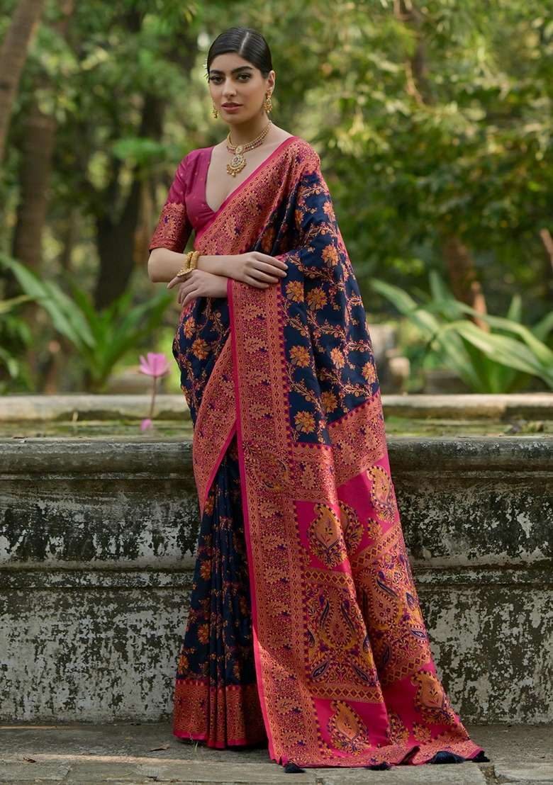 Navy Blue Meenakari Zari Weaving Pashmina Silk Blend Saree Set for Diwali and Festive Wear - Indya