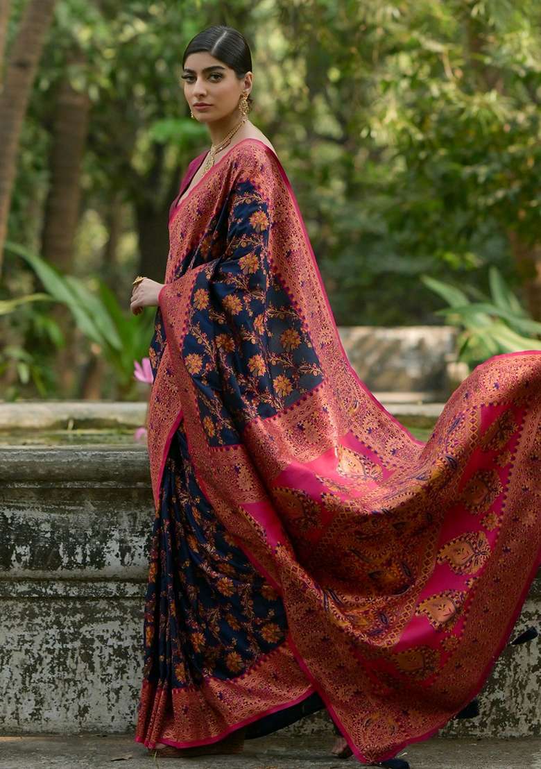 Navy Blue Meenakari Zari Weaving Pashmina Silk Blend Saree Set for Diwali and Festive Wear - Indya