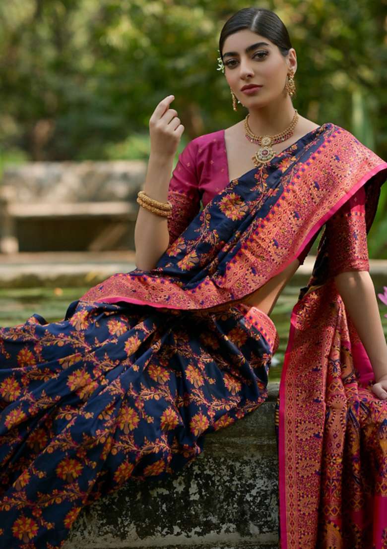 Navy Blue Meenakari Zari Weaving Pashmina Silk Blend Saree Set for Diwali and Festive Wear - Indya