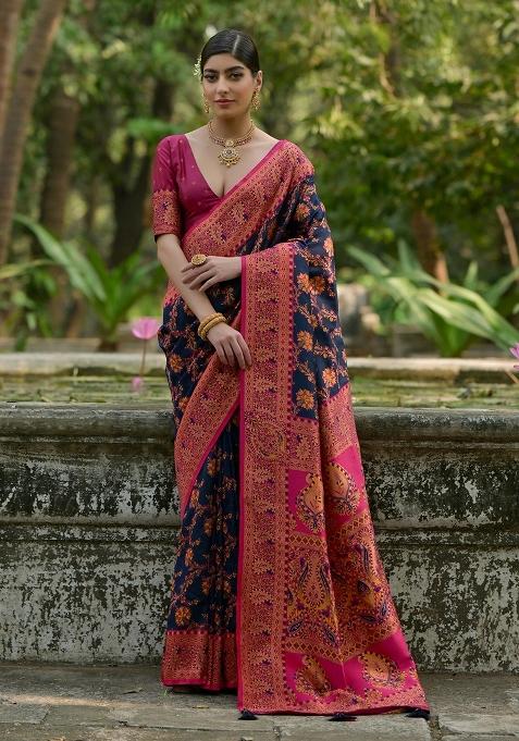 Navy Blue Meenakari Zari Weaving Pashmina Silk Saree Set